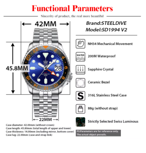 STEELDIVE SD1994 Seiko NH34 GMT Diver 200M Automatic Watch BNIB - UK Stock