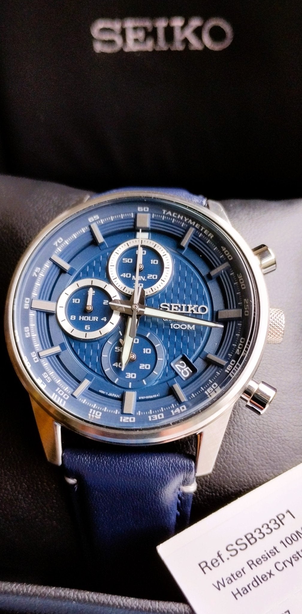 Seiko SSB333P1 Chronograph Men's Quartz Watch Stainless Steel with Blue Leather Strap - Chronographworld