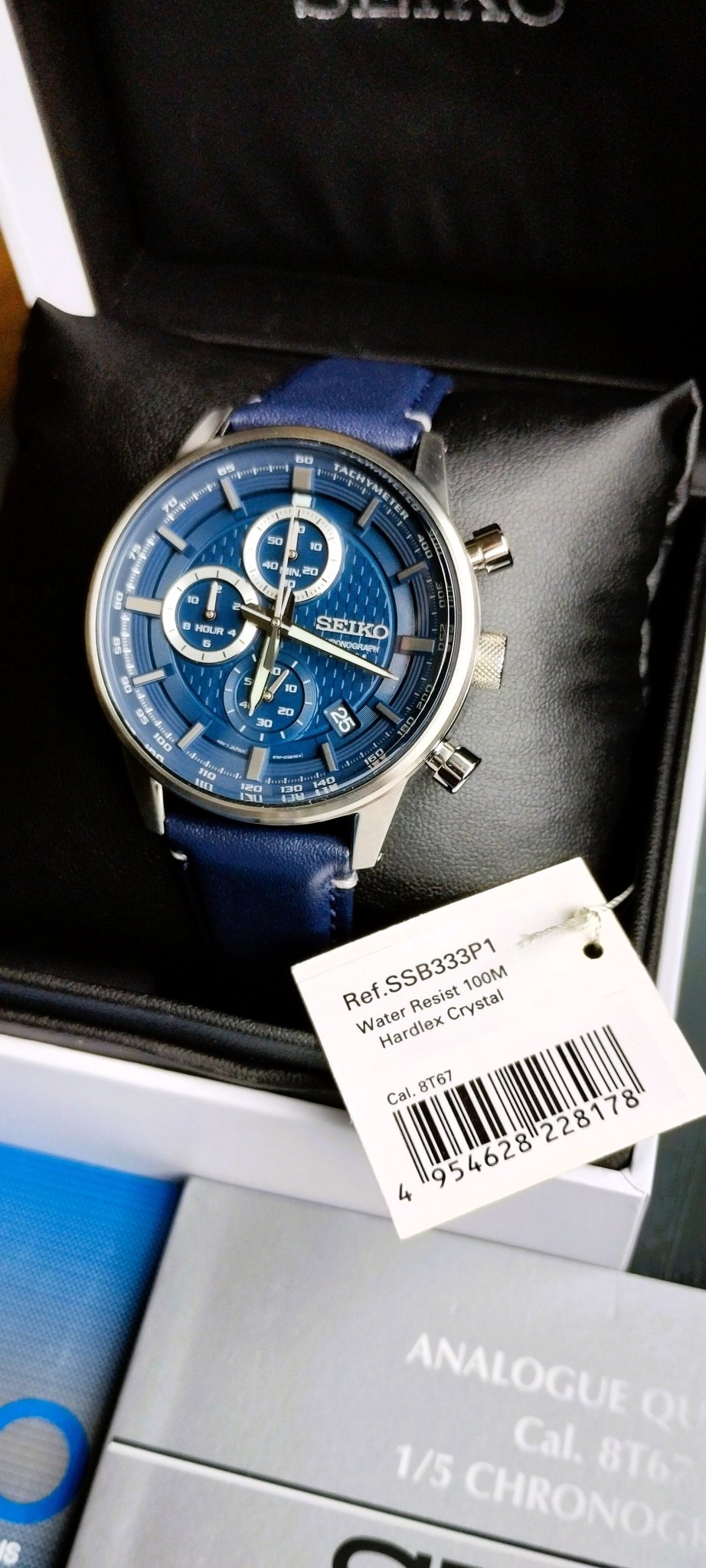 Seiko SSB333P1 Chronograph Men's Quartz Watch Stainless Steel with Blue Leather Strap - Chronographworld