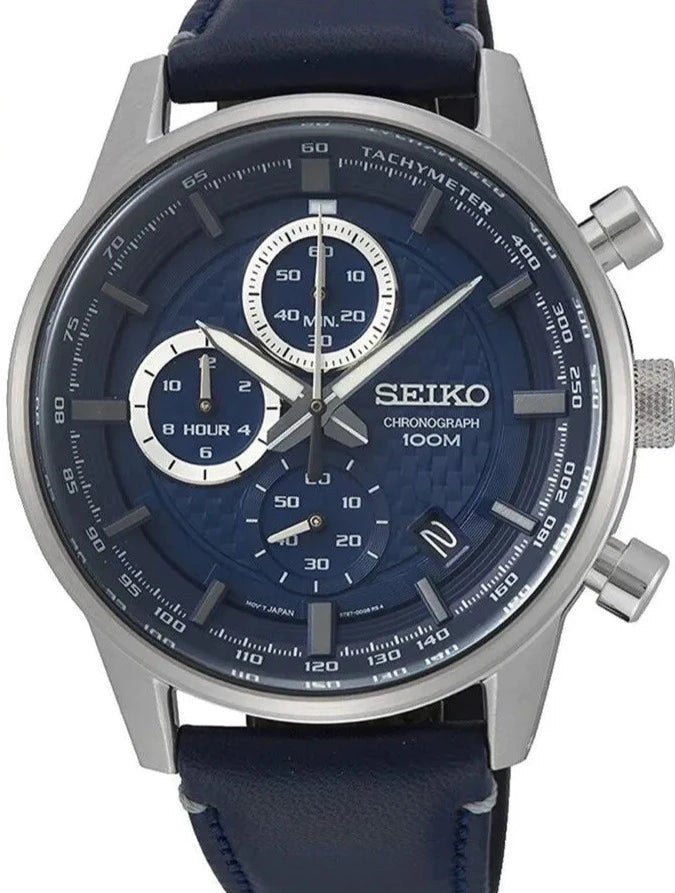 Seiko SSB333P1 Chronograph Men's Quartz Watch Stainless Steel with Blue Leather Strap - Chronographworld