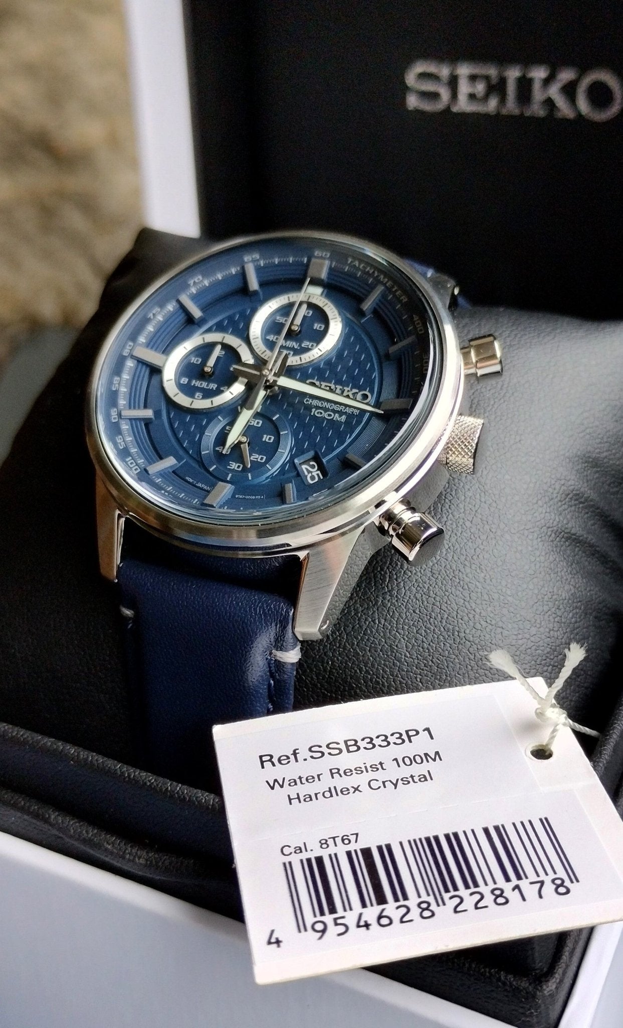 Seiko SSB333P1 Chronograph Men's Quartz Watch Stainless Steel with Blue Leather Strap - Chronographworld