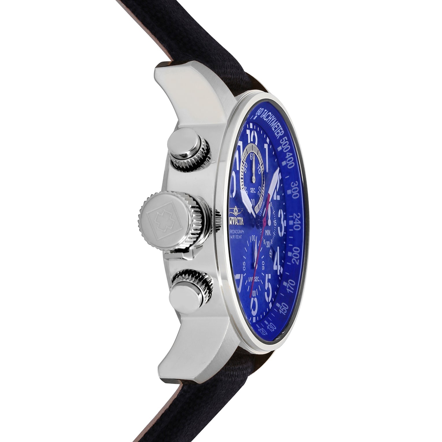 Side view detail of the Invicta I-Force 1513's blue dial and black canvas strap