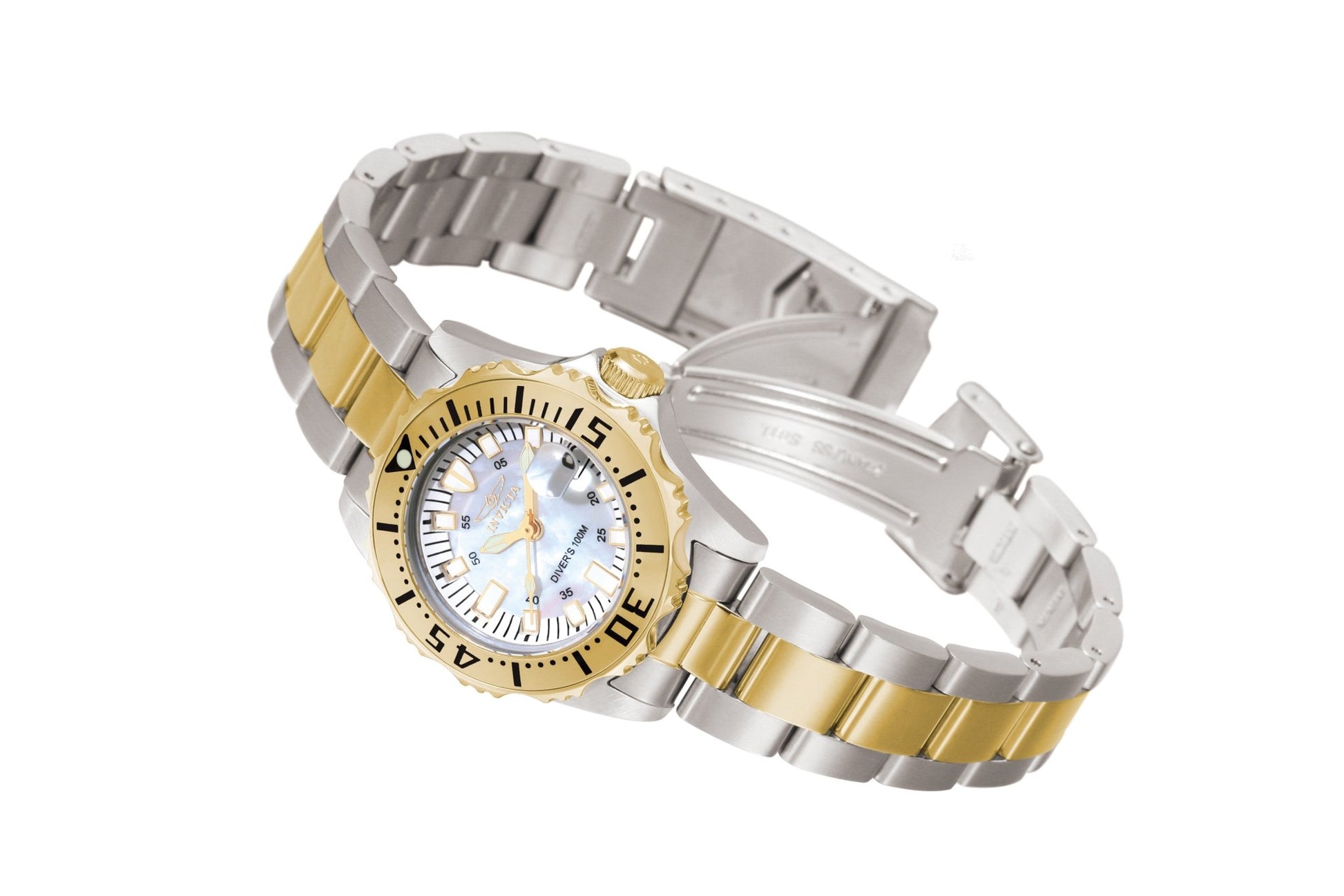 Invicta Pro Diver 6895 Women's Quartz Watch with gold and silver-tone bracelet angled view