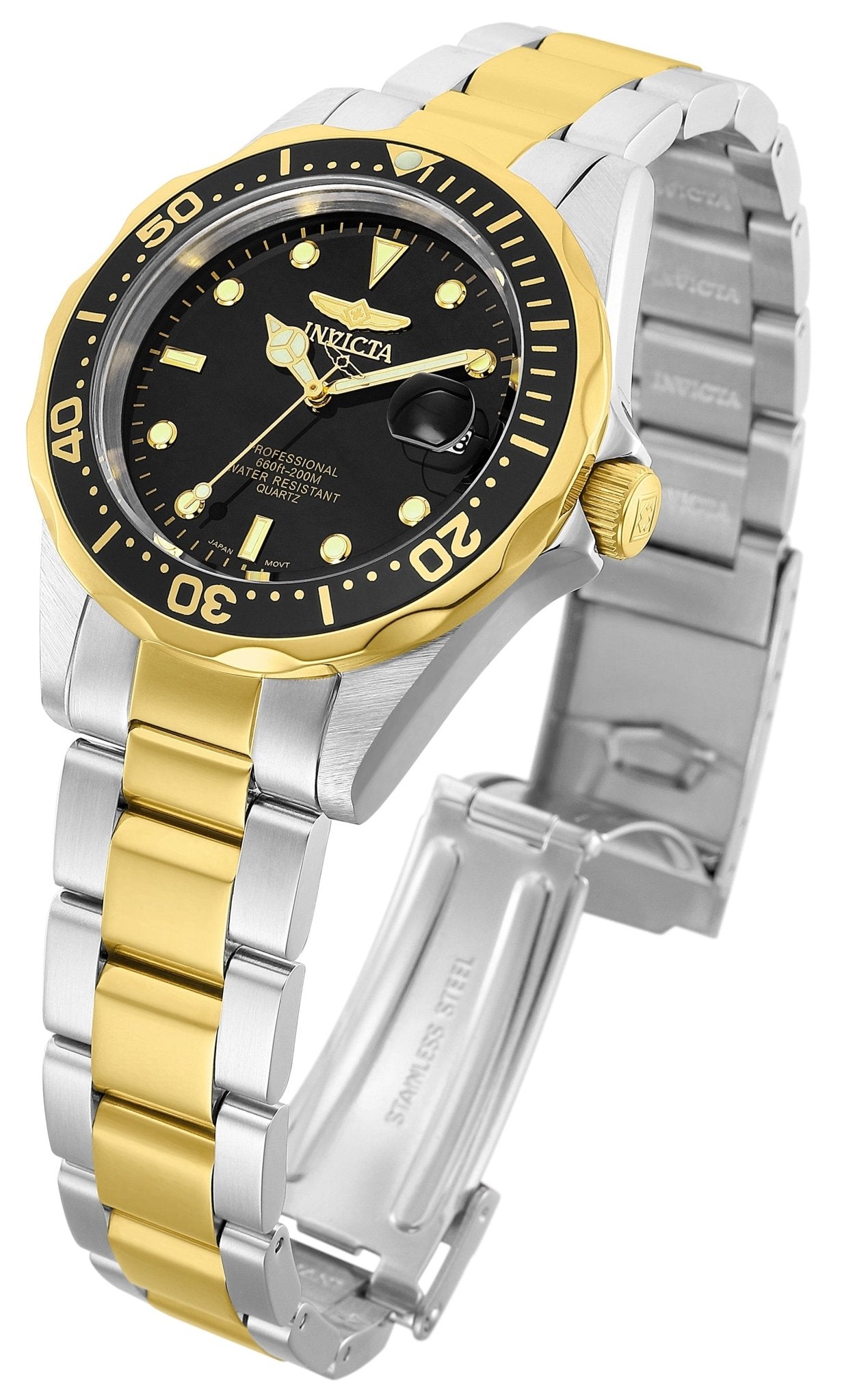 Angle view of the Invicta Pro Diver 8934 black and gold watch design