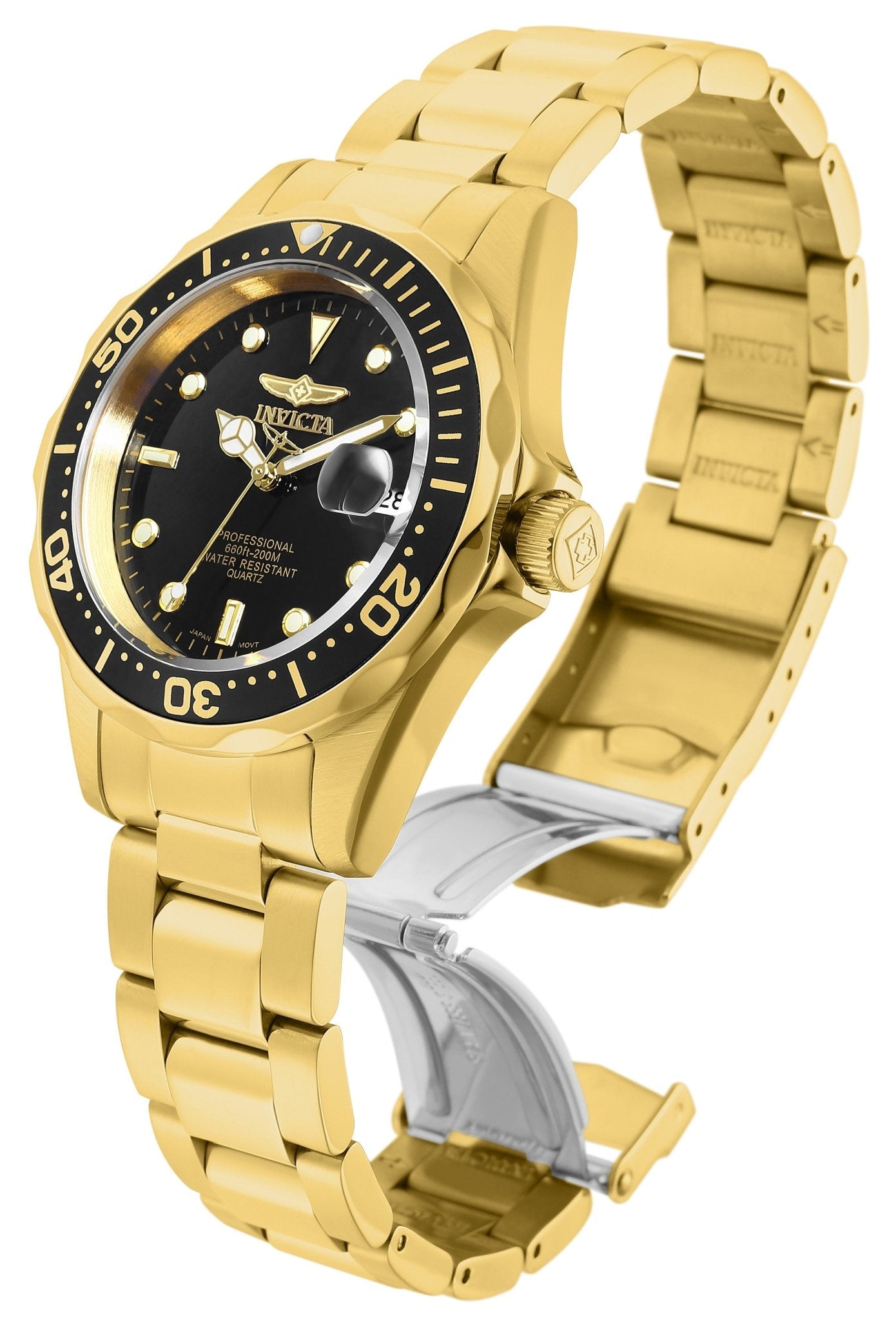 Side angle view of the Invicta Pro Diver 8936 with gold-tone finish and black dial