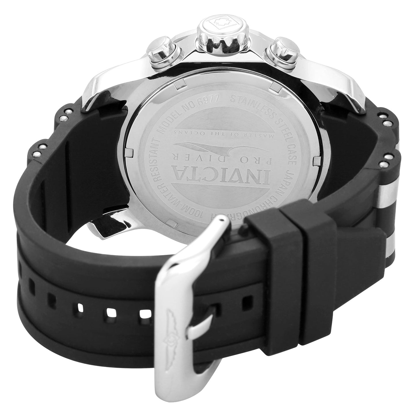 Rear view of Invicta Pro Diver SCUBA 6977 with black silicone strap